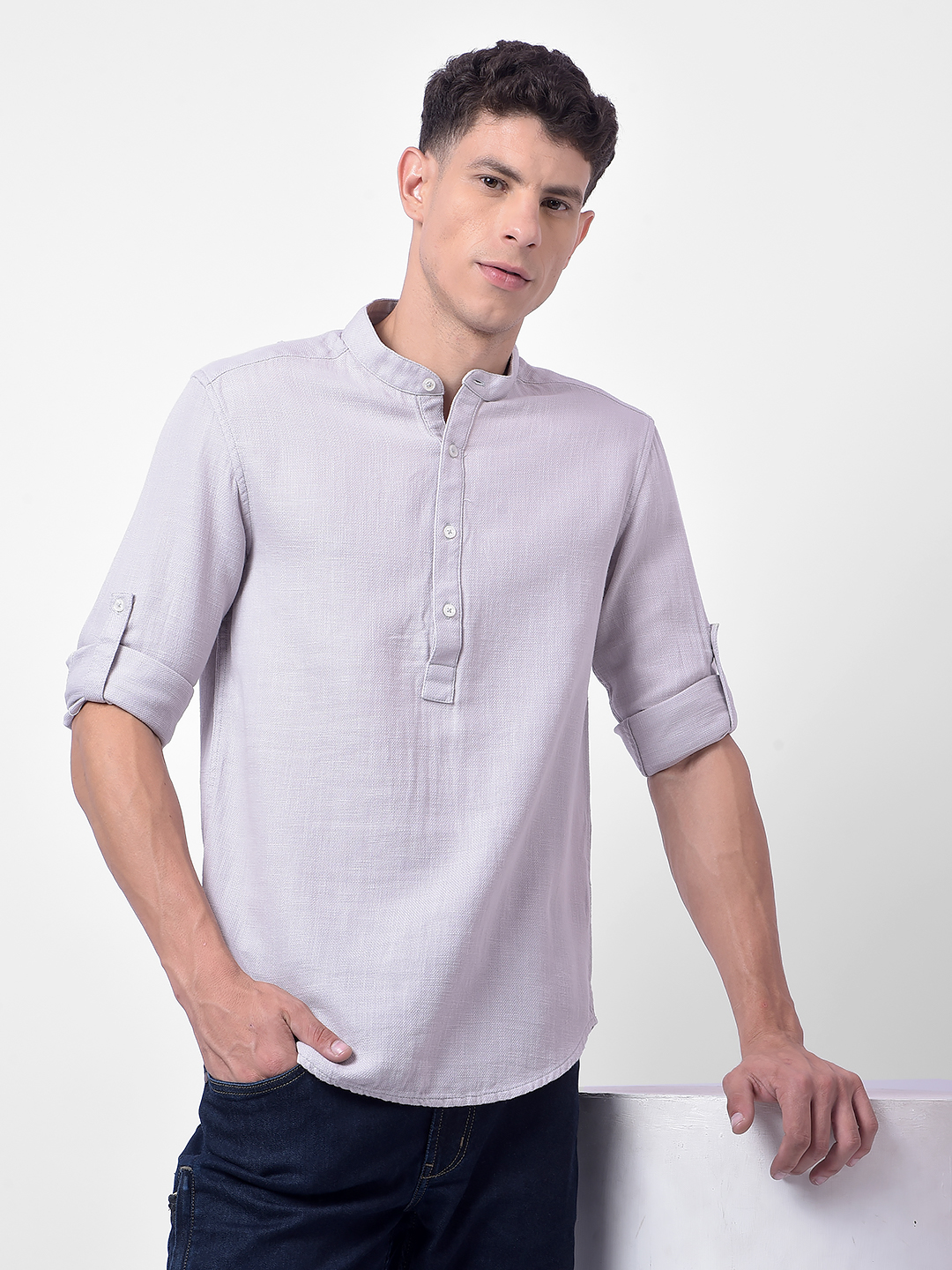 Numero Uno Men Beige Mandarin Collar Regular Fit Shirt